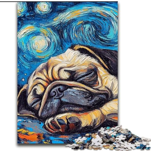 Puzzle 1000 Teile für Erwachsene, Mops-Sternenhimmel-Puzzle aus Holz, Weihnachten, Halloween, Ostern, Neujahr, 1000 Teile(50x75cm) von RZFWJL