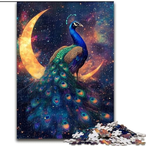 Puzzle 1000 Teile für Erwachsene, Pfau unter dem Mond, Puzzle, Spiel für Erwachsene, Geschenk, Familien-Interaktives Spiel, Gehirn-Herausforderung, Geschenk, 50x75cm von RZFWJL
