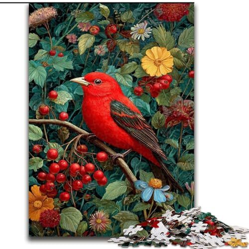 Puzzle 1000 Teile für Erwachsene, Roter Vogel und Blumen, für 14+, anspruchsvolles Spiel als Geschenk für die ganze Familie und Freunde (Größe 50x75cm) von RZFWJL
