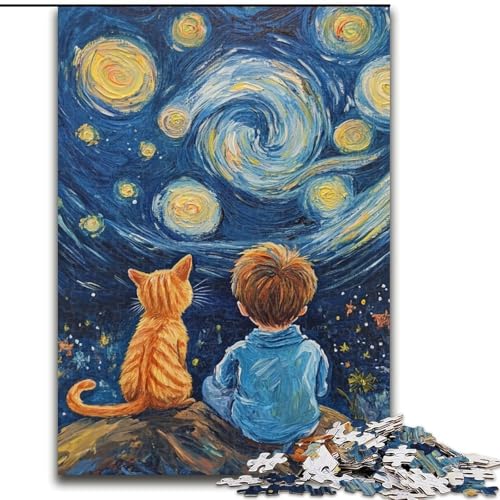 Puzzle 1000 Teile für Erwachsene, Teenager, Katze und Kleiner Junge, für Alter 14 Jahre und älter, Heimdekoration als Geschenk für die ganze Familie und Freunde (Größe 50x75cm) von RZFWJL