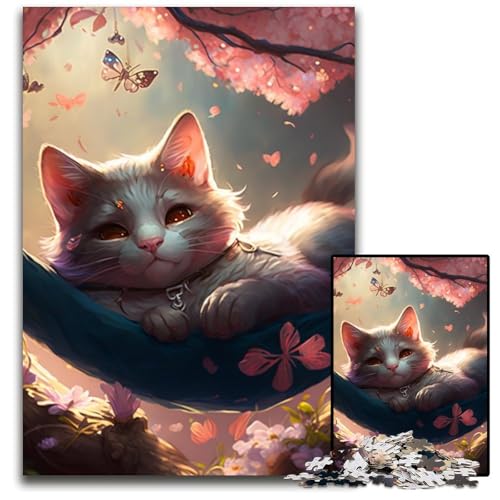 Puzzle 1000 Teile für Erwachsene, wunderschöne Sakura-Katze, Kartonpuzzle, anspruchsvolles DIY-Denkspiel, perfektes Familienspiel oder dekoratives Geschenk, 26x38cm/10,23x14,96 Zoll von RZFWJL