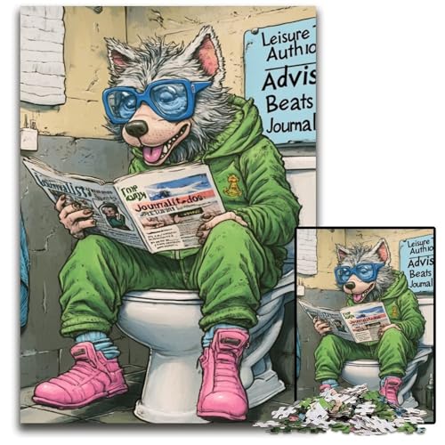 Puzzle 1000 Teile für Erwachsene „Wolf Go Toilet“, Holzpuzzle, anspruchsvolles DIY-Denkspiel, perfektes Familienspiel oder dekoratives Geschenk, 50x75cm/19,68x29,52 Zoll von RZFWJL