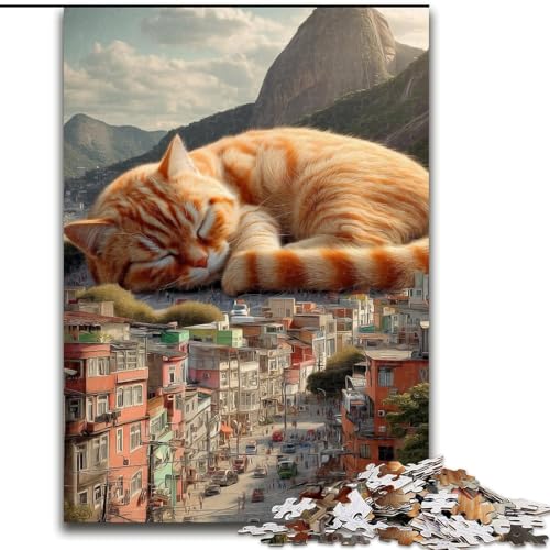Puzzle 1000 Teile für Erwachsene und Jugendliche, schlafende orange Katze, für Alter 14 Jahre und älter, Heimdekoration als Geschenk für die ganze Familie und Freunde (Größe 26x38cm) von RZFWJL