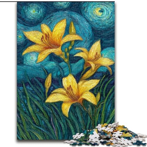 Puzzle für Erwachsene, 1000 Teile, Gelbe Lilien am Nachthimmel, Analyse und Logik, mit vollständig ineinandergreifenden, zufällig geformten Teilen, für Kinder ab 14 Jahren (Größe 26x38cm) von RZFWJL