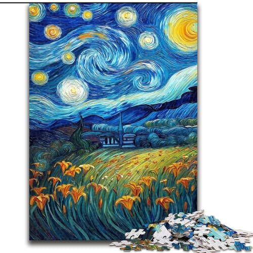Puzzle für Erwachsene, 1000 Teile, Gelbe Lilien am Nachthimmel, für Kinder ab 14 Jahren, Lernspiel, Herausforderung, Spielzeug, Geschenk zum Geburtstag (Größe 26x38cm) von RZFWJL