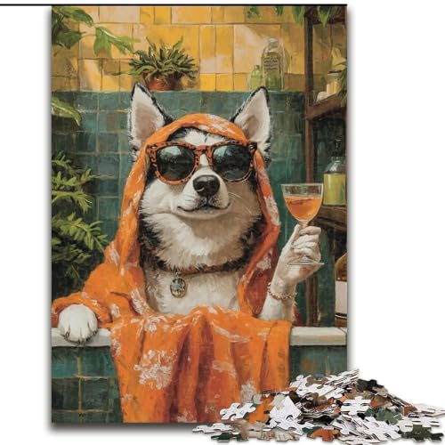 Puzzle für Erwachsene, 1000 Teile, Husky im Badezimmer, Puzzle, Spiel für Erwachsene, Geschenk, Familien-Interaktives Spiel, Gehirn-Herausforderung, Geschenk, 50x75cm von RZFWJL