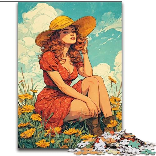Puzzle für Erwachsene, 1000 Teile, Mädchen im Wildblumensommer, für Kinder ab 14 Jahren, Lernspiel, Herausforderung, Spielzeug, Geschenk zum Geburtstag (Größe 50x75cm) von RZFWJL