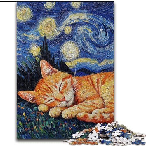 Puzzle für Erwachsene, 1000 Teile, Orange Cat Night Sky, Puzzle aus Holz, Spielzeug, Geschenk, pädagogisches, intellektuelles, entspannendes, lustiges Familienspiel, 1000 Teile(50x75cm) von RZFWJL