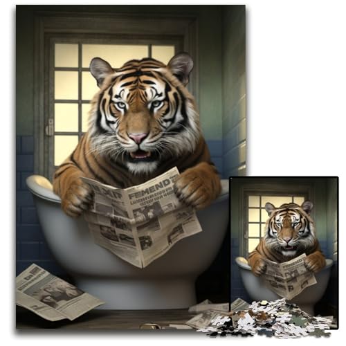 Puzzle für Erwachsene, 1000 Teile, Tiger liest Zeitung, anspruchsvolle Puzzles, Geburtstagsgeschenkidee, anspruchsvolles Denkspiel, 26x38cm/10,23x14,96 Zoll von RZFWJL