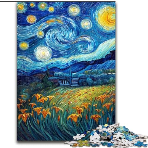 Puzzle für Erwachsene, 1000-teiliges Puzzle Gelbe Lilien am Nachthimmel, Familienspiel für und einzigartige Heimdekoration und Geschenke für 14-Jährige (Größe 50x75cm) von RZFWJL