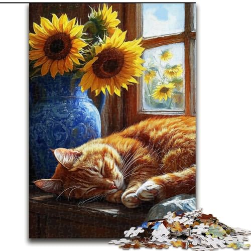 Puzzle für Erwachsene, 1000-teiliges Puzzle Sonnenblumen und Katzen, Familienspiel für und einzigartige Heimdekoration und Geschenke für 14-Jährige (Größe 50x75cm) von RZFWJL