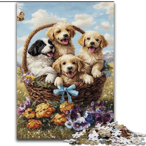 Puzzle für Erwachsene und Jugendliche, 1000 Teile, Hund im Blumenkorb, für 14+, für Familienspaß und Spieleabende, Künstlersammlung, Bildende Kunst (Größe 26x38cm) von RZFWJL