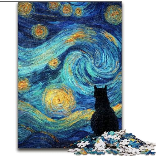 Puzzle für Erwachsene und Jugendliche, 1000 Teile, Katze unter dem Sternenhimmel, Denksportaufgabe zur Wanddekoration, einzigartige Geburtstags 14-Jährige (Größe 26x38cm) von RZFWJL