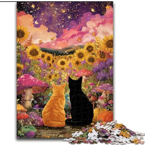 Puzzle für Erwachsene und Jugendliche, 1000 Teile, Sonnenblumen-, Schwarze und orangefarbene Katze, als Lernspiel, Herausforderungsspielzeug, einzigartige Heimdekoration und Geschenke (Größe 26x38cm) von RZFWJL