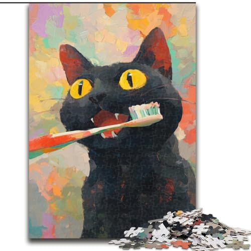 Puzzle für Jugendliche, 1000-teiliges Puzzle Schwarze Katze beim Zähneputzen, für 14+, anspruchsvolles Spiel als Geschenk für die ganze Familie und Freunde (Größe 26x38cm) von RZFWJL