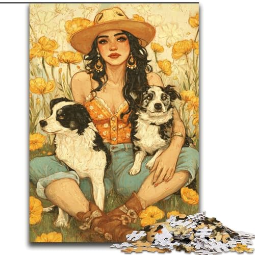 Puzzle für Teenager, 1000 Cowgirl-Hunde in Wildblumen, Lernspiele, Heimdekoration, ganze Familie (Größe 50x75cm) von RZFWJL