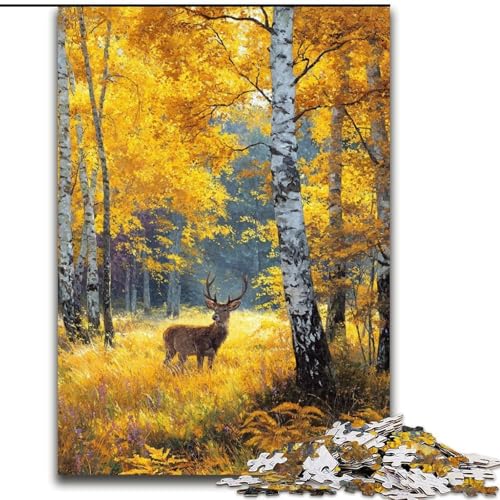 Puzzle für Teenager, 1000 Teile, Hirsch im Herbstwald, Familienspiel, Stressabbau, schwierige Herausforderung, EIN Kunstwerk für Kinder ab 14 Jahren (Größe 26x38cm) von RZFWJL
