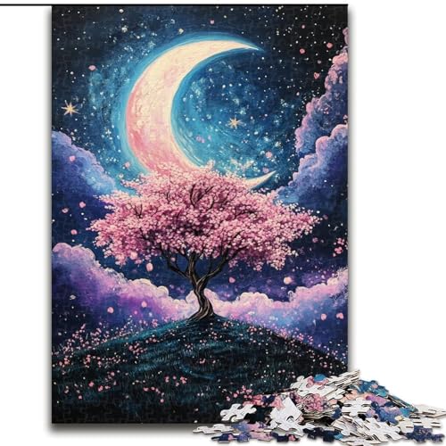 Puzzle für Teenager, 1000 Teile, Kirschblütenbäume unter dem Mond, Dekomprimierendes intellektuelles Lernspielzeug, Geburtstagsgeschenk, Geschenke (Größe 26x38cm) von RZFWJL
