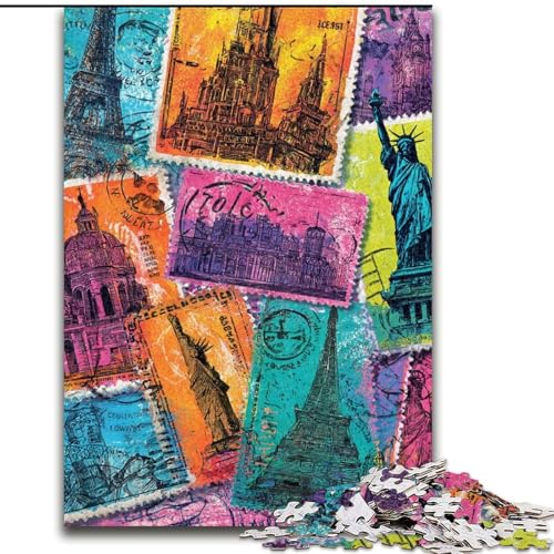 Puzzle für Teenager, 1000 Teile, Pariser Briefmarkencollage, Stressabbau, schwierige Herausforderung, Wichtelgeschenke für Kinder ab 14 Jahren (Größe 50x75cm) von RZFWJL
