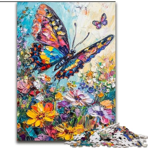 Puzzle für Teenager, 1000 Teile, Schmetterling auf den Blumen, Familienspiel, Stressabbau, schwierige Herausforderung, EIN Kunstwerk für Kinder ab 14 Jahren (Größe 26x38cm) von RZFWJL