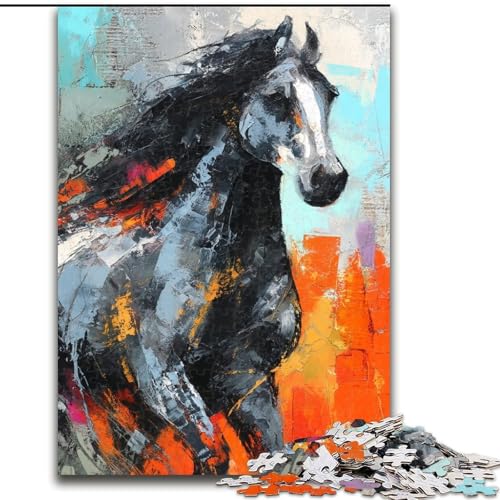 Puzzle für Teenager, 1000 Teile, Schwarzes Goldenes Pferd, Stressabbau, Schwierige Herausforderung, Heimdekorationsspielzeug (Größe 26x38cm) von RZFWJL
