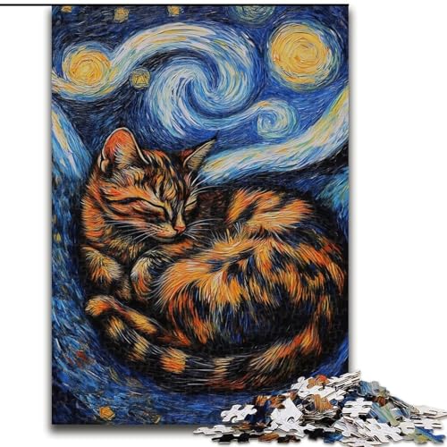 Puzzle für Teenager, 1000 Teile, Van Gogh, Nachthimmel, Schwarze Katze, Stressabbau, schwierige Herausforderung, Wichtelgeschenke für Kinder ab 14 Jahren (Größe 26x38cm) von RZFWJL