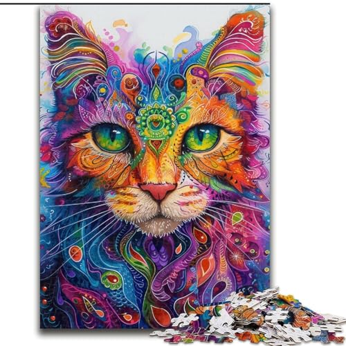Puzzle für Teenager, 1000 Teile, psychedelische Katze, Stressabbau, schwierige Herausforderung, Wichtelgeschenke für Kinder ab 14 Jahren (Größe 50x75cm) von RZFWJL