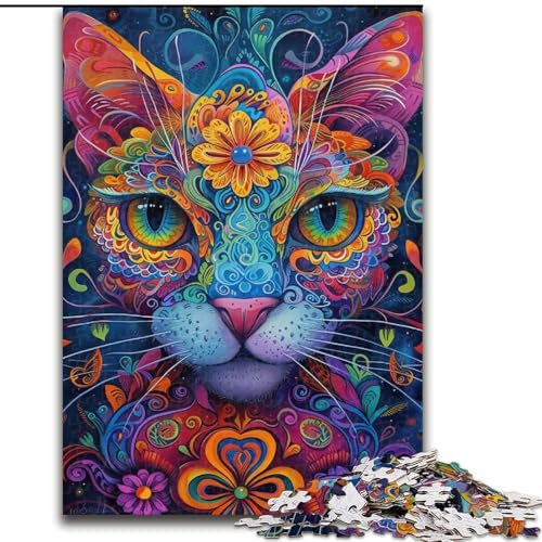 Puzzle für Teenager, 1000 Teile, psychedelische Katze, Stressabbau, schwierige Herausforderung, Wichtelgeschenke für Kinder ab 14 Jahren (Größe 50x75cm) von RZFWJL