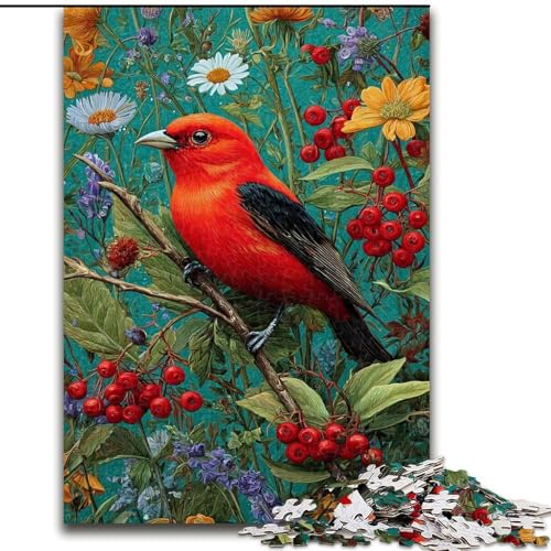Puzzle für Teenager, 1000 Teile, roter Vogel und Blumen, entspannendes intellektuelles Lernspielzeug, Geburtstagsgeschenk, Geschenke (Größe 26x38cm) von RZFWJL