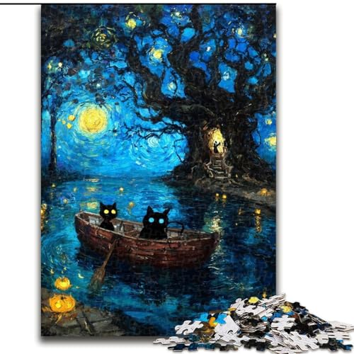 Puzzle für Teenager, 1000-teiliges Puzzle, Schwarze Katzenkunst, Lernspiele, Heimdekoration, geeignet für die Schreibtischdekoration (Größe 26x38cm) von RZFWJL