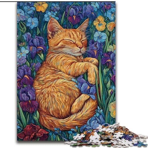 Puzzle für Teenager, 1000-teiliges Puzzle Katze unter Blumen, Lernspiele, Heimdekoration, geeignet für die Schreibtischdekoration (Größe 50x75cm) von RZFWJL