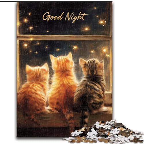 Puzzles für Erwachsene und Jugendliche, 1000 Teile, Good Night Kitty, für Lernspiele, Herausforderungsspielzeug, einzigartige Heimdekoration und Geschenke (Größe 26x38cm) von RZFWJL