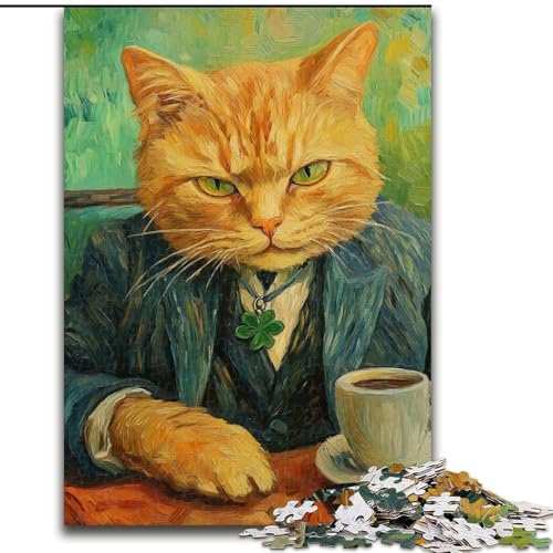 Puzzles für Erwachsene und Jugendliche, 1000 Teile, orangefarbene Katze trinkt Kaffee, für Lernspiele, Herausforderungsspielzeug, einzigartige Heimdekoration und Geschenke (Größe 26x38cm) von RZFWJL