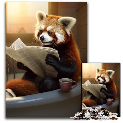 Roter Panda liest Zeitung, 1000-teiliges Puzzle für Erwachsene, Holzpuzzle, Heimdekoration, Denksportspiel für Teenager und Familieninteraktion, 50x75cm/19,68x29,52 Zoll von RZFWJL