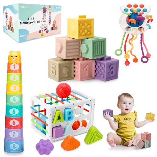 RZKHRT 4 in 1 Baby Montessori Spielzeug ab 6-12 Monate, Sensorik Spielzeug ab 1 Jahre, Stapelturm & Stapelbecher, Zugschnur Spielzeug, Formensortierspiel, Lernspielzeug Geschenk für Jungen Mädchen von RZKHRT