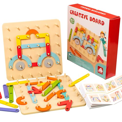 Holz Geoboard Montessori Spielzeug, Pegboard Puzzle Holz Geoboard Geometriebrett, Lernspiele Peg Board Kinder, Form Puzzle mit Muster Karten, Geschenk für Mädchen Jungen ab 3 4 5 Jahre von RZMZBY