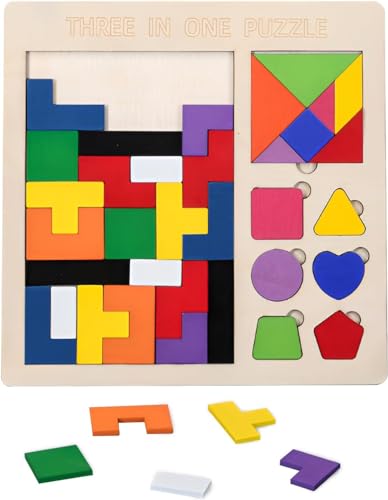 RZMZBY Holzpuzzles 42 Stücke Tetris Spiel Kinder 3D Holz Puzzle Montessori Spielzeug Lernspielzeug Gehirn Spielzeug für ab Kinder ab 3 4 5 Jahre, Geschenk für Jungen Mädchen von RZMZBY