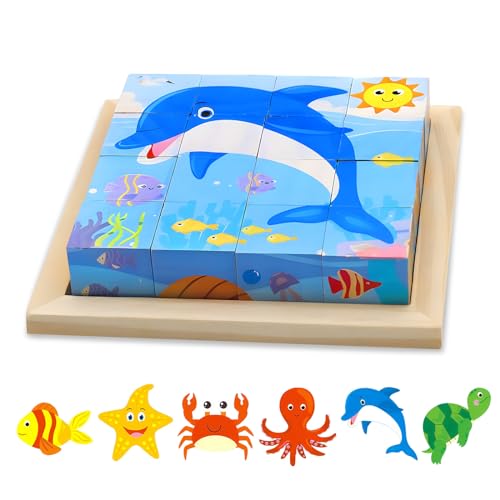 Würfelpuzzle Holz, 3D Bilderwürfel Puzzlespiele 6 in 1 Tier-Motive Holzpuzzle Montessori Spielzeug für Kinder ab 1 2 3 4 Jahren, Montessori Lernspielzeug Geschenk für Jungen und Mädchen Würfelpuzzle Holz, 3D Bilderwürfel Puzzlespiele 6 in 1 Tier-Motive Holzpuzzle Montessori Spielzeug für Kinder ab 1 2 3 4 Jahren, Montessori Lernspielzeug Geschenk für Jungen und Mädchen von RZMZBY