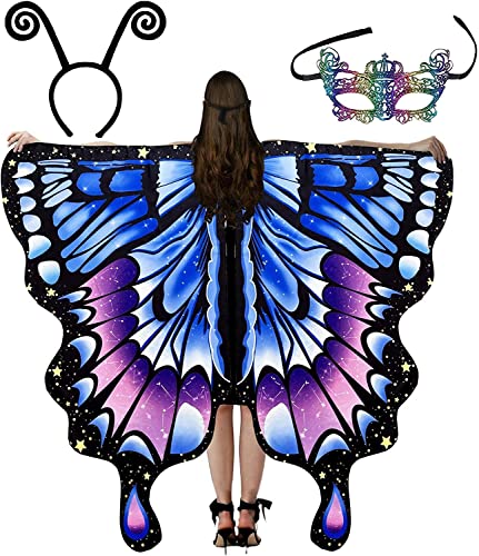 RZXBB Schmetterlingsflügel Damen,Schmetterling Kostüm Damen,Schmetterling Umhang Schal,Schmetterling Karneval,Butterfly Wings Mit Bunter Maske Und Stirnband,Für Cosplay, Fasching, Faschingsball (A) von RZXBB