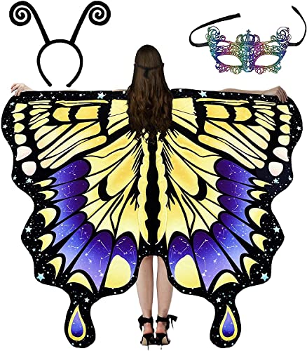 RZXBB Schmetterlingsflügel Damen,Schmetterling Kostüm Damen,Schmetterling Umhang Schal,Schmetterling Karneval,Butterfly Wings Mit Bunter Maske Und Stirnband,Für Cosplay, Fasching, Faschingsball (E) von RZXBB