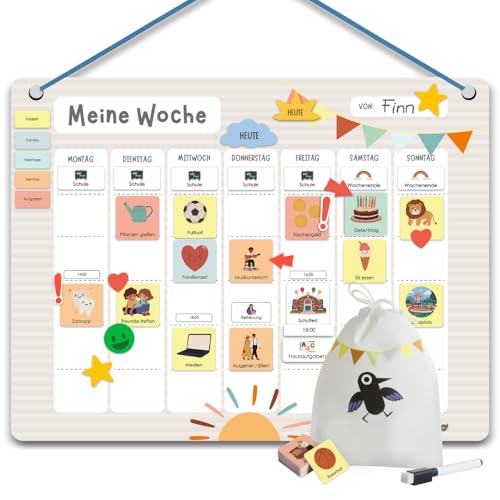 Rabano Art Wochenplaner für Kinder - [200 Magnete - ABWISCHBAR] - ADHS Hilfsmittel, System für Verantwortung und Selbständigkeit, Routine Montessori Magnettafel zur Wochenplanung von Rabano Art