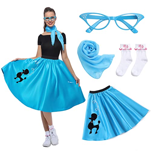 Rabtero Damen Socken Hop Kostüm, Erwachsene 1950er Jahre Pudelkleid Kostüm, 50er Jahre Pudelrock mit Brille, Schal und Socken für Damen 2-10, S/M, Blau von Rabtero
