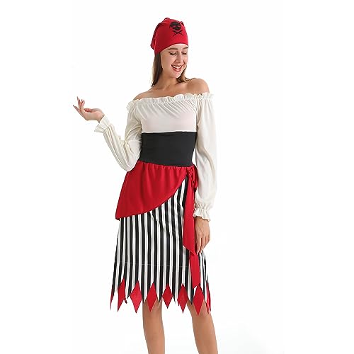 Rabtero Erwachsene Pirate Kostüm, Halloween Pirate Madam Dress Up, Pirate Lady Rollenspiel, Frauen Pirate Kleid mit Pirate Kopf Schal, Medium von Rabtero