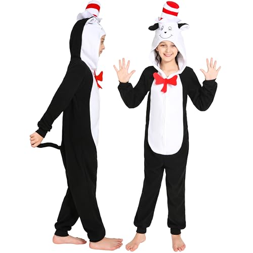 Rabtero Katzenkostüm in Hut, Buchfigurenkostüm für Mädchen, Dr. Seuss Kostüm, Einteiler Pyjama, Halloween-Kostüm für Kinder von 10 bis 12 Jahren Rabtero Katzenkostüm in Hut, Buchfigurenkostüm für Mädchen, Dr. Seuss Kostüm, Einteiler Pyjama, Halloween-Kostüm für Kinder von 10 bis 12 Jahren von Rabtero
