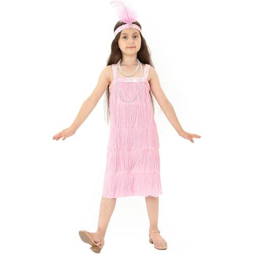 Rabtero Kids Roaring the 20er Jahre Fancy Kleid Kostüm, Mädchen Flapper Kleid mit Perlenkette und Feder Stirnband, Gangster Flapper Kleid für Mädchen, Rosa, 2X-Large 12-14 von Rabtero