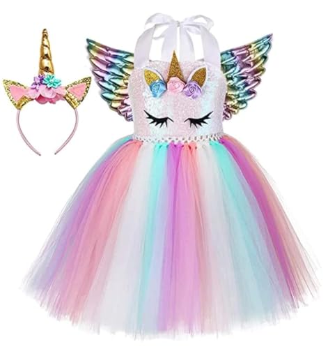 Rabtero Kinder Einhorn Kostüm, Kinder Einhorn Prinzessin Fancy Kleid, rosa Einhorn Ballett Tutu Kleid mit Stirnband und Flügeln für Mädchen 6-7 von Rabtero