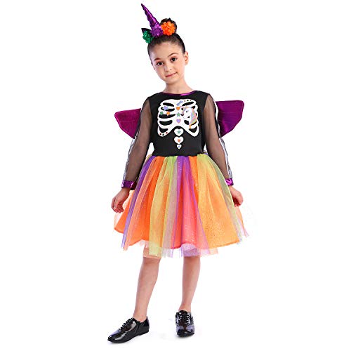 Rabtero Kinder Halloween Hexe Kostüm, Einhorn Hexe Tutu Kleid mit Einhorn Stirnband und Flügeln, Halloween Hexe Dress Up für Mädchen 5-6 Jahre von Rabtero