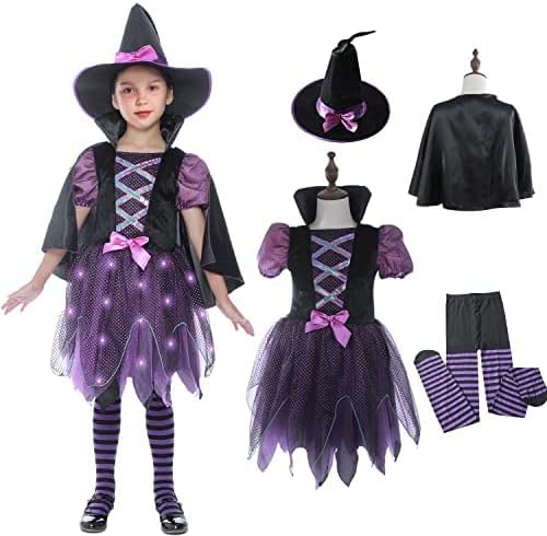 Rabtero Kinder Halloween Hexe Kostüm, Light Up Lila Hexe Kleid mit Hut, Cape und Strumpfhosen, Halloween Hexe Dress Up für Mädchen 5-6 Jahre von Rabtero