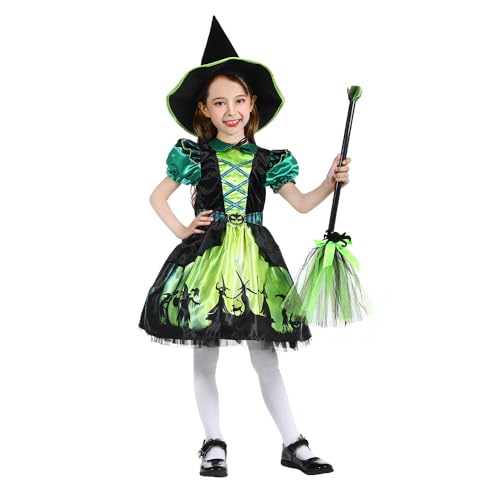 Rabtero Kinder Halloween Hexe Kostüm, Luxus grüne Hexe Kleid mit Hut, Halloween Hexe Kleid für Mädchen 5-6 Jahre von Rabtero