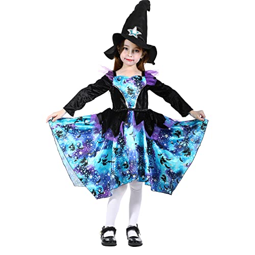 Rabtero Kinder Halloween Hexe Kostüm, funkelnde blaue Hexe Kleid mit Hut, Halloween Hexe Kleid für Mädchen 3-4 Jahre von Rabtero